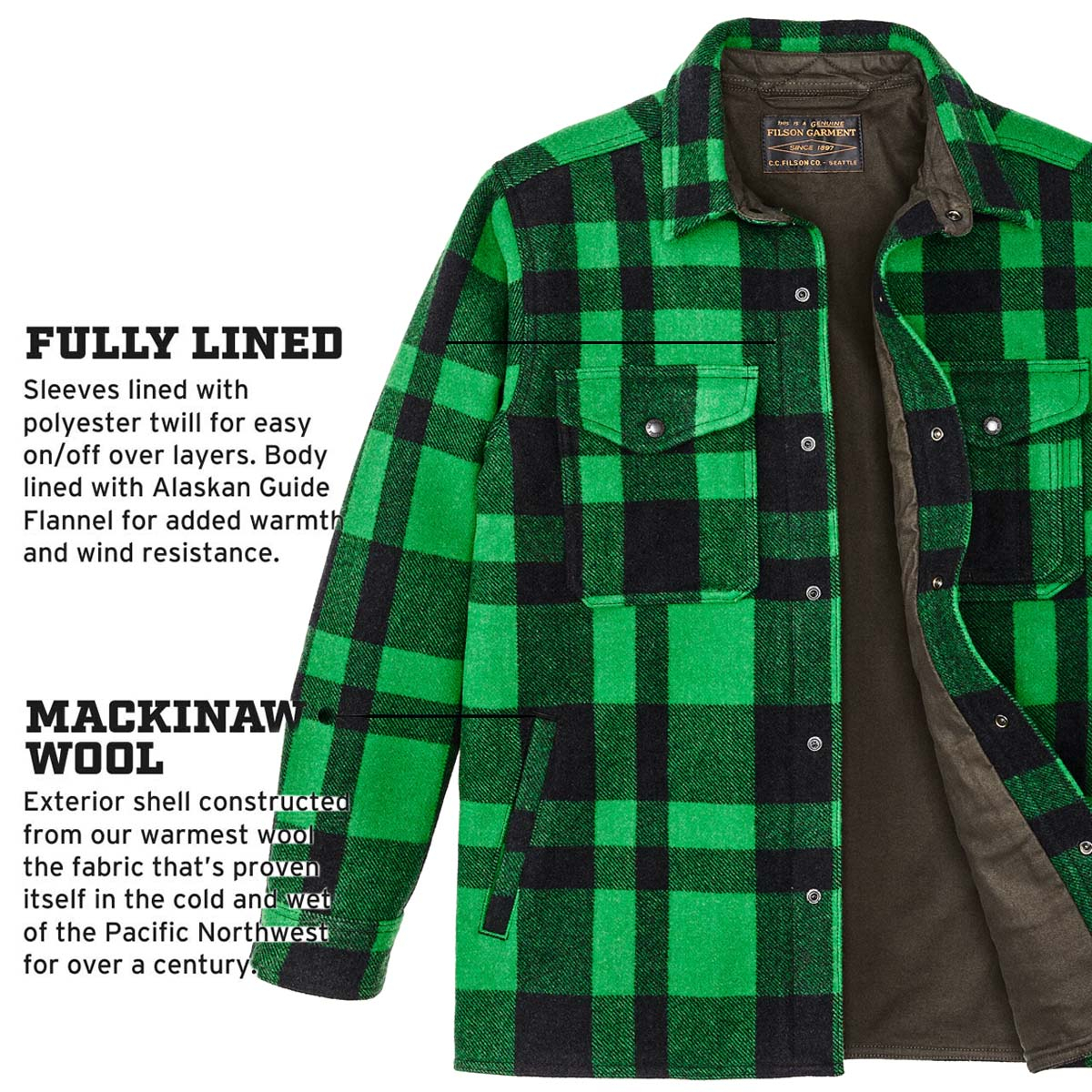 Filson Mackinaw Jac Shirt Acid Green/Black Heritage Plaid, Eigenschaften