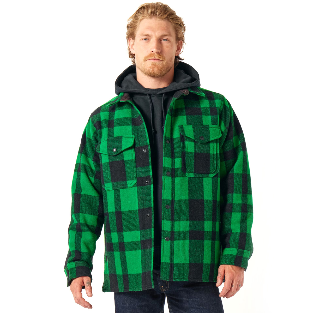 Filson Mackinaw Wool Jac Shirt Acid Green/Black Heritage Plaid, für Komfort, natürliche wasserabweisende Eigenschaften und isolierende Wärme bei allen Wetterbedingungen