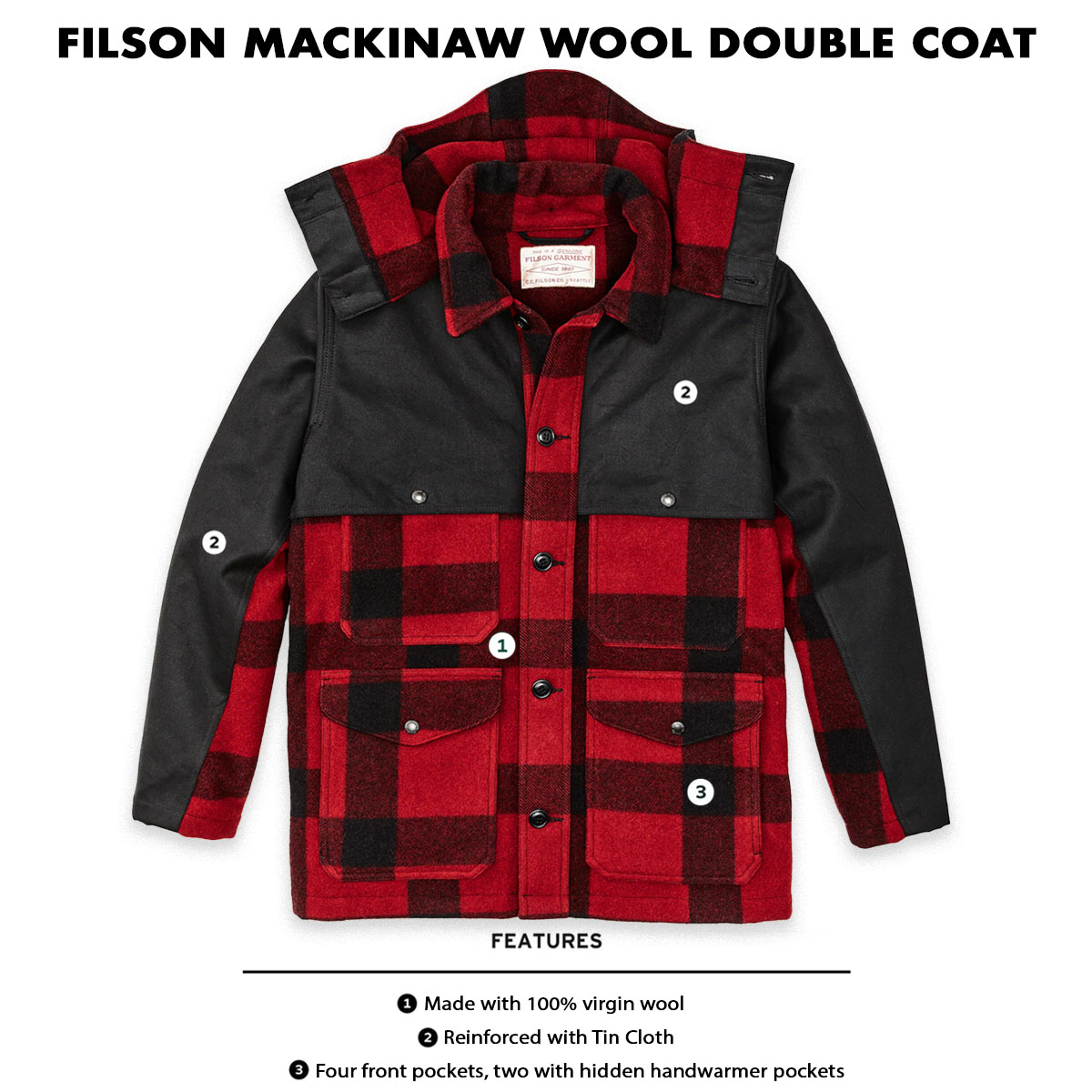 Filson Mackinaw Wool Double Coat Red Black Classic Plaid, features