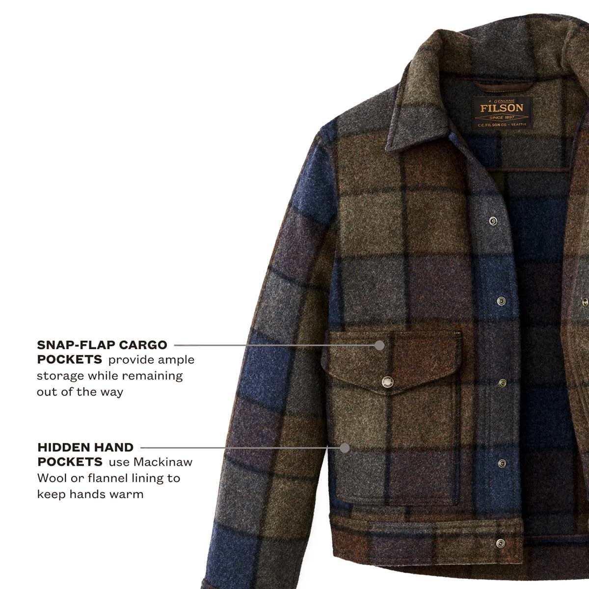 Filson Mackinaw Wool Work Jacket Blue/Brown/Gray Plaid, made with Legendary Mackinaw Wool