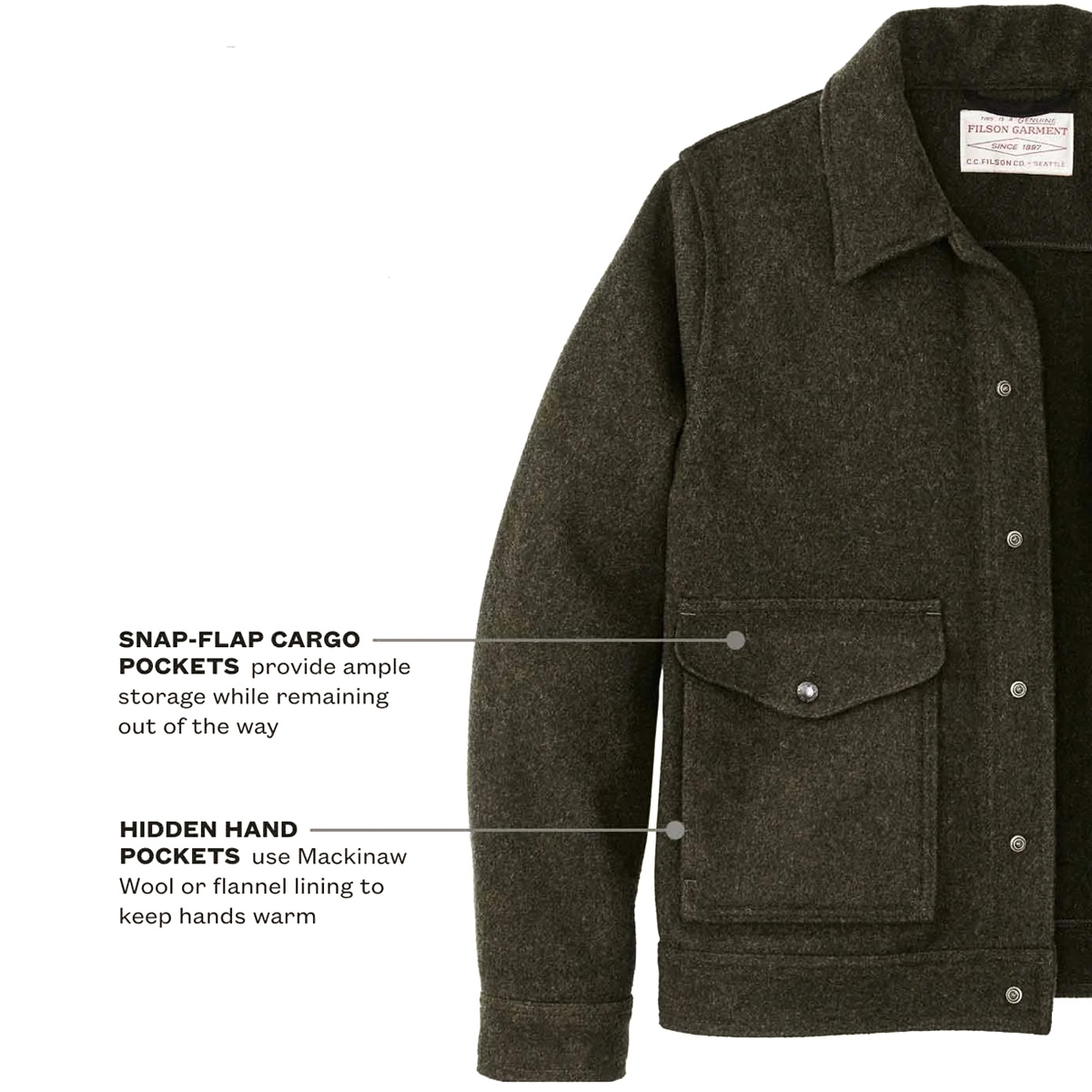 Filson Mackinaw Wool Work Jacket Forest Green, Legendary Mackinaw Wool and Sewn in Seattle