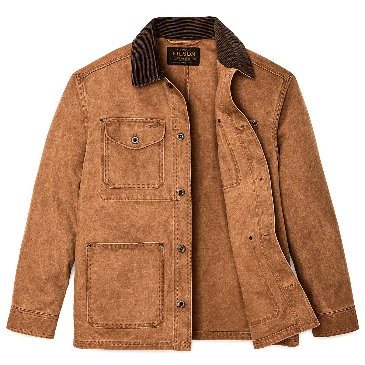 Filson Rustic Canvas Barn Coat Whiskey, robuste, zweckmäßige Jacke, gemacht um lange zu halten.