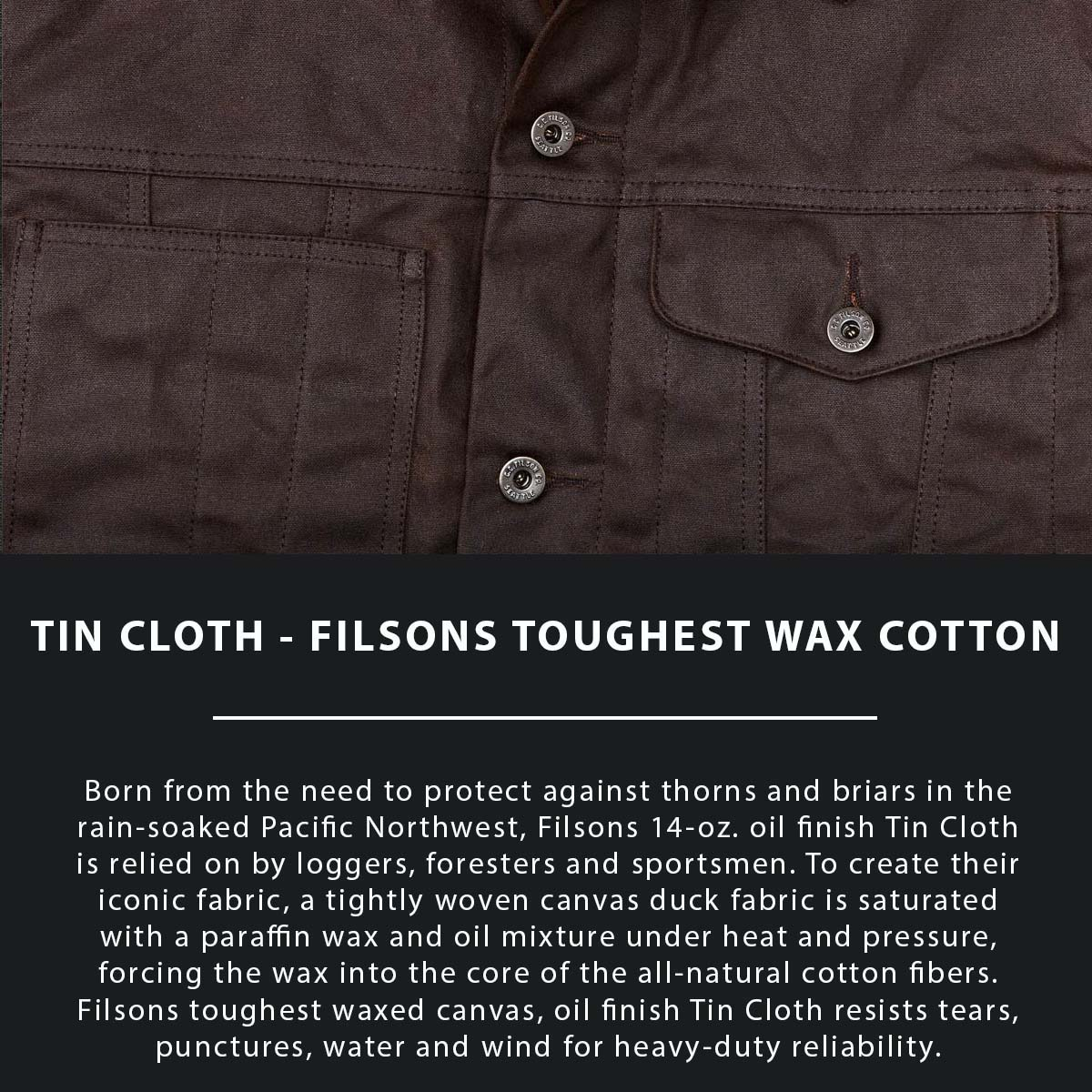 Filson Tin Cloth Short Lined Cruiser Jacket Dark Brown, aus dem legendären superstarken, leichten und ölimprägnierten 14-oz. Tin Cloth Canvas gefertigt