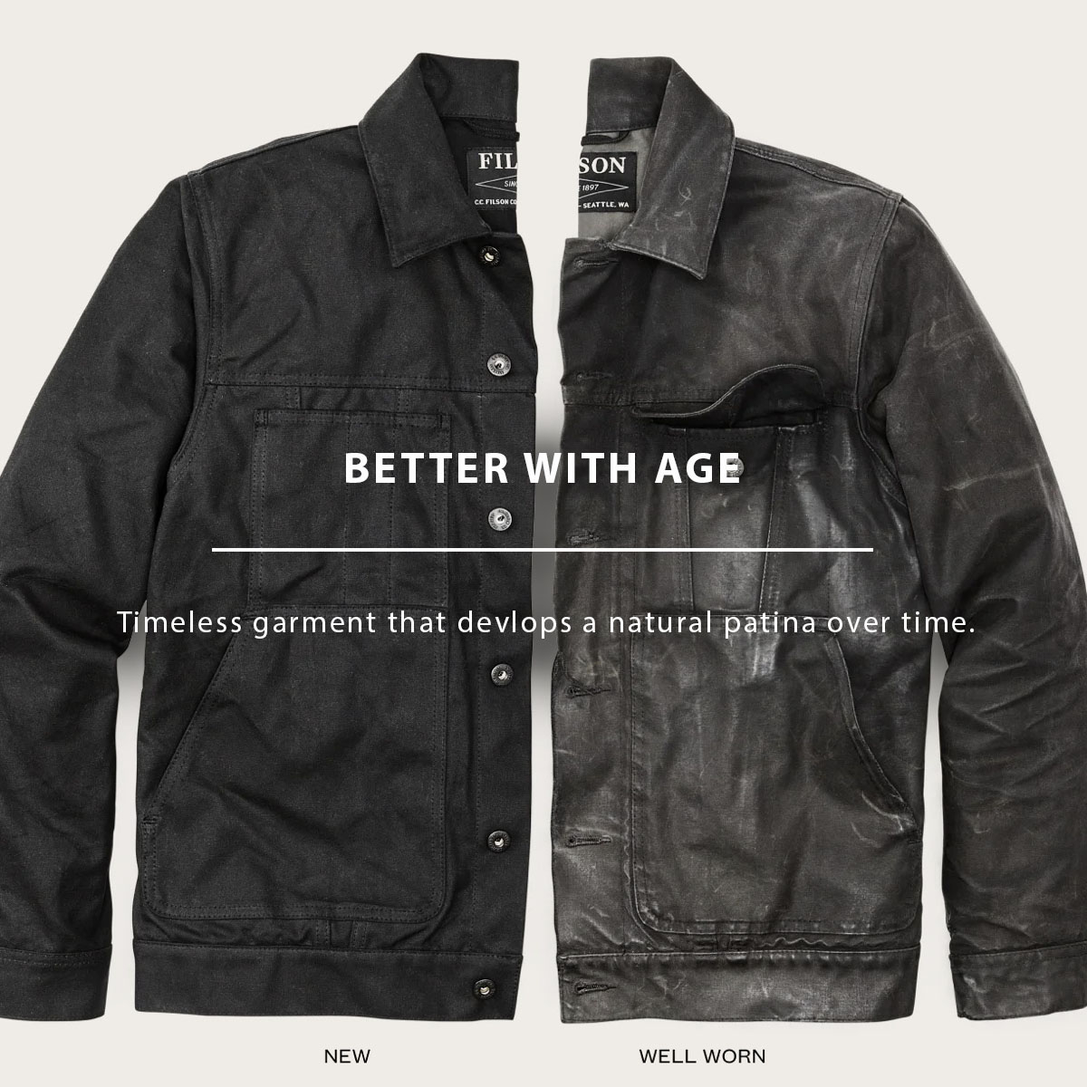 Filson Tin Cloth Short Lined Cruiser Jacket Black, better with age, ein zeitloses Kleidungsstück, das im Laufe der Zeit eine natürliche Patina entwickelt