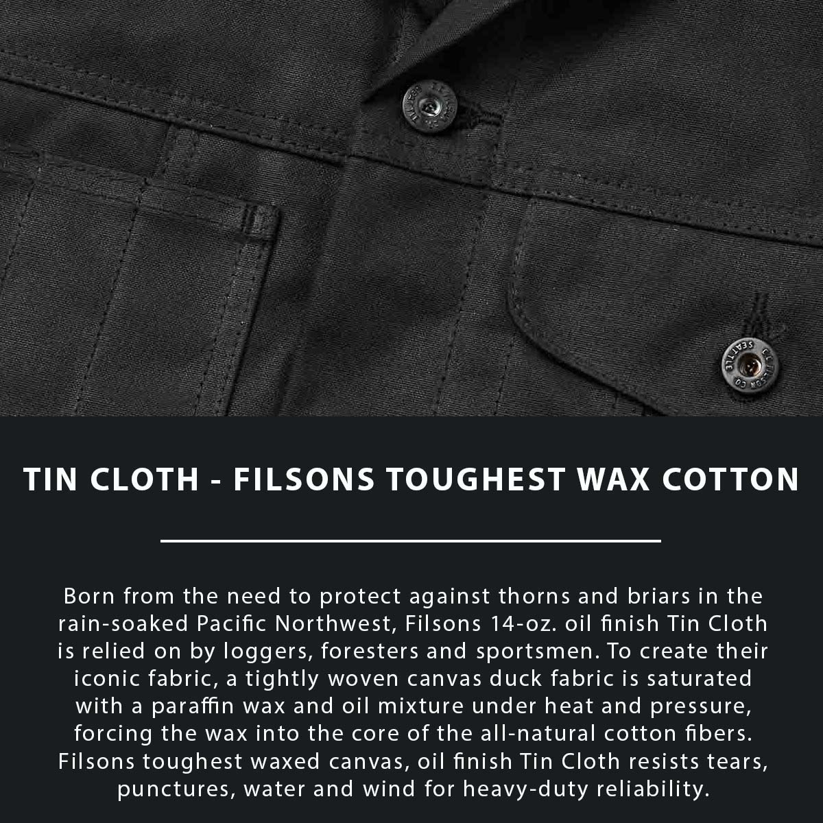 Filson Lined Tin Cloth Cruiser Jacket Cinder, aus dem legendären superstarken, leichten und ölimprägnierten 14-oz. Tin Cloth Canvas gefertigt