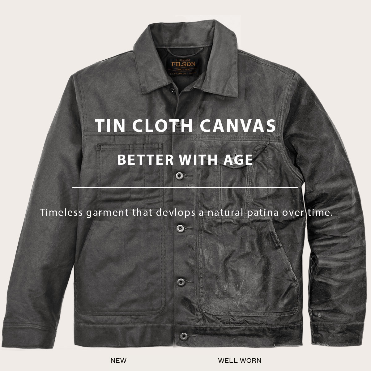 Filson Tin Cloth Short Lined Cruiser Jacket Castor Gray, better with age, ein zeitloses Kleidungsstück, das im Laufe der Zeit eine natürliche Patina entwickelt Filson Tin Cloth Short Lined Cruiser Jacket Castor Gray, better with age, ein zeitloses Kleidungsstück, das im Laufe der Zeit eine natürliche Patina entwickelt