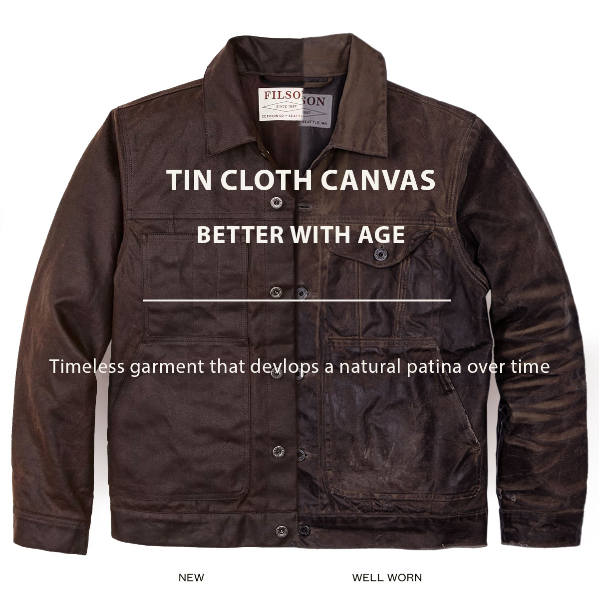 Filson Tin Cloth Short Lined Cruiser Jacket Dark Brown, better with age, ein zeitloses Kleidungsstück, das im Laufe der Zeit eine natürliche Patina entwickelt