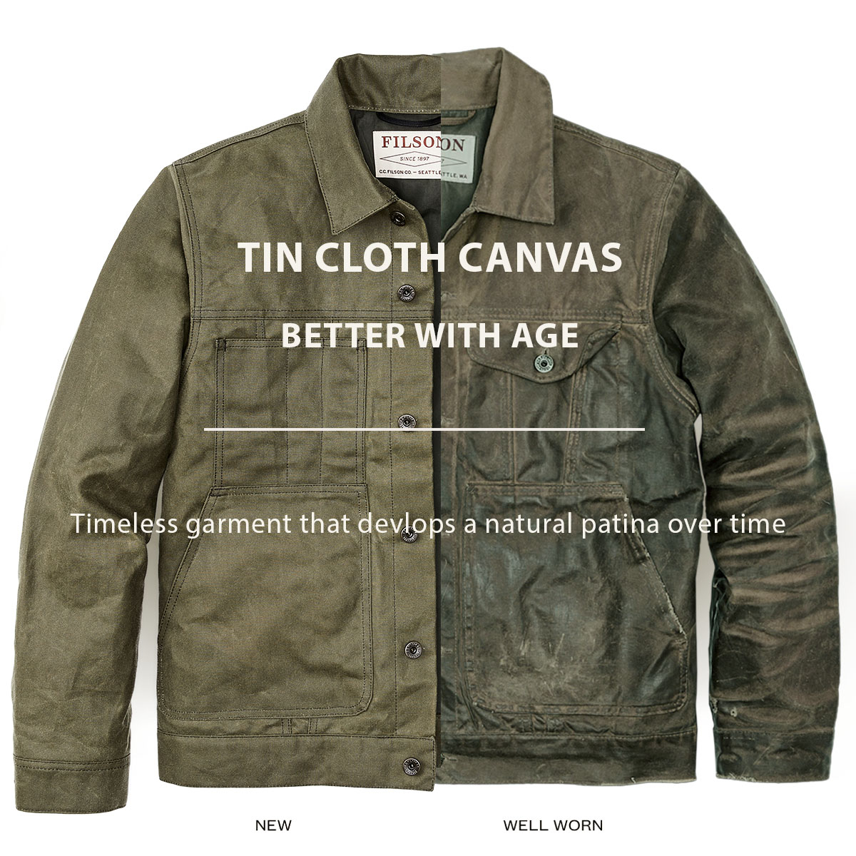 Filson Tin Cloth Short Lined Cruiser Jacket Military Green, better with age, ein zeitloses Kleidungsstück, das im Laufe der Zeit eine natürliche Patina entwickelt