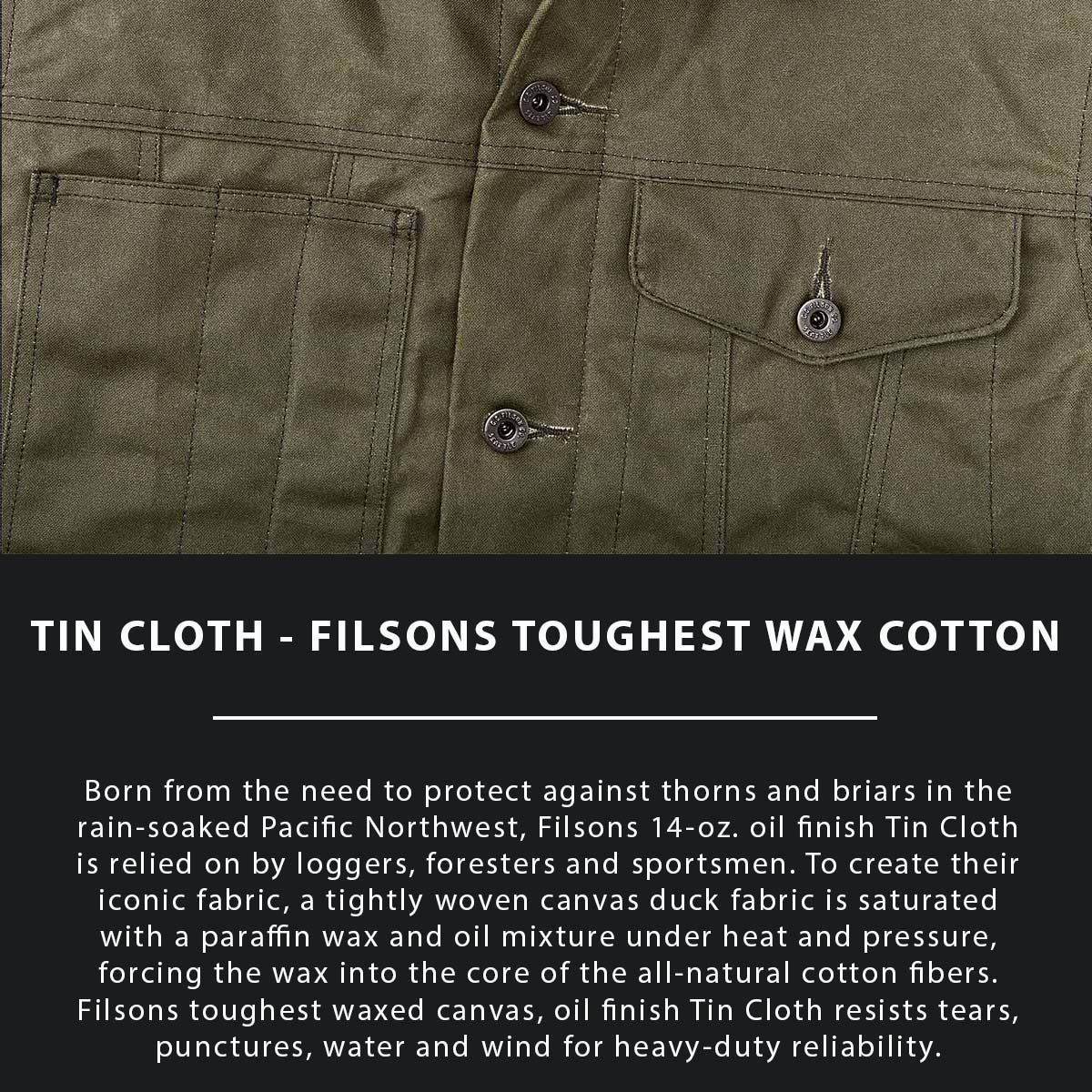 Filson Tin Cloth Short Lined Cruiser Jacket Military Green, aus dem legendären superstarken, leichten und ölimprägnierten 14-oz. Tin Cloth Canvas gefertigt