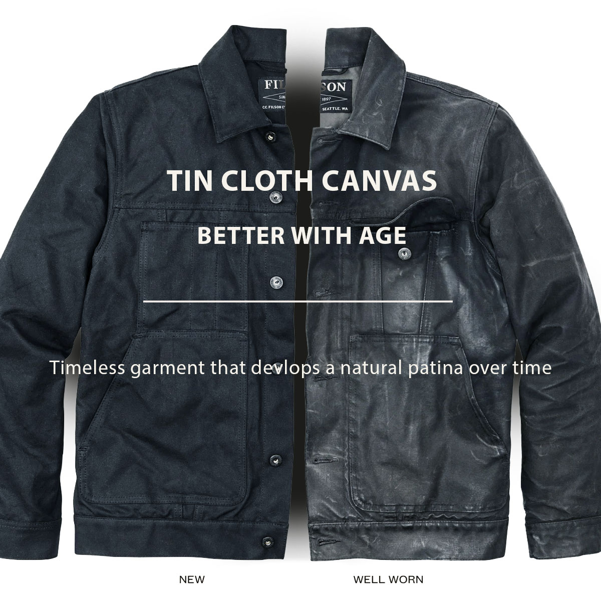 Filson Tin Cloth Short Lined Cruiser Jacket Service Blue, better with age, ein zeitloses Kleidungsstück, das im Laufe der Zeit eine natürliche Patina entwickelt