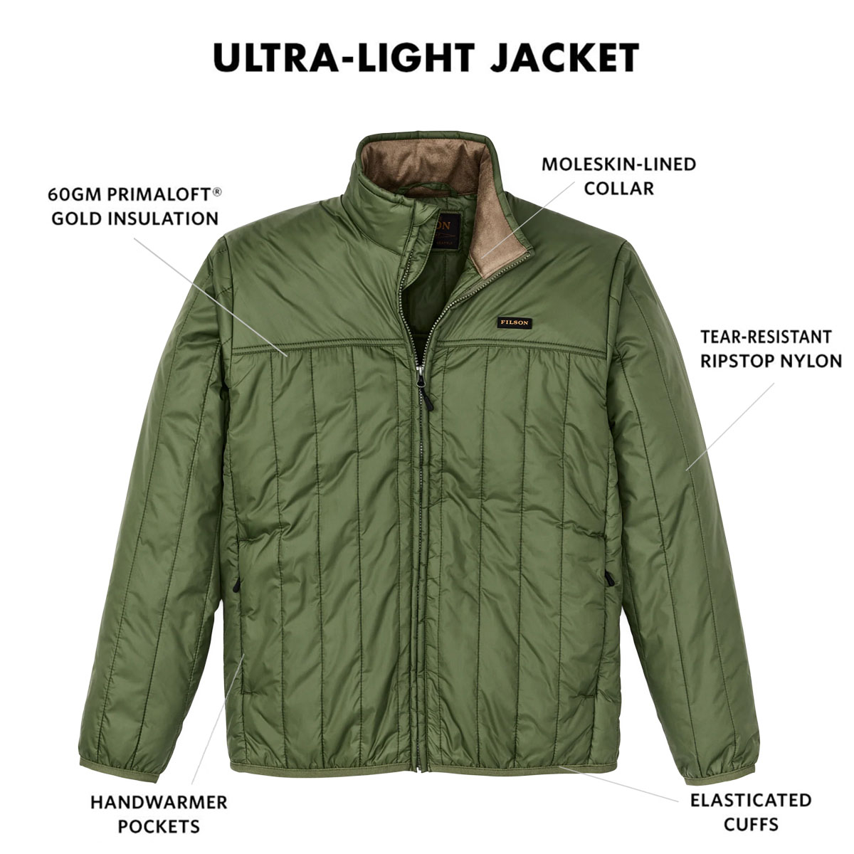 Filson Ultralight Jacket Cypress, Ultraleichte PrimaLoft® Gold 60g Jacke mit außergewöhnlichem Wärme-Gewichtsverhältnis