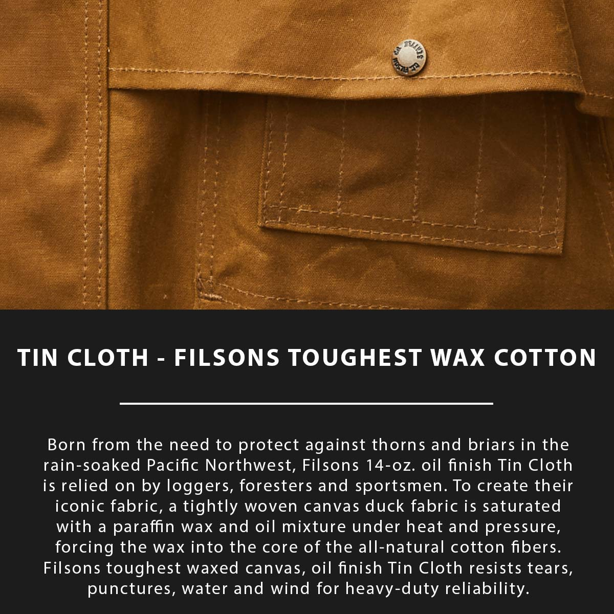 Filson Lined Tin Cloth Cruiser Jacket Dark Tan, made of the legendary super strong, lightweight, and oil impregnated 14-oz. Tin Cloth canvas