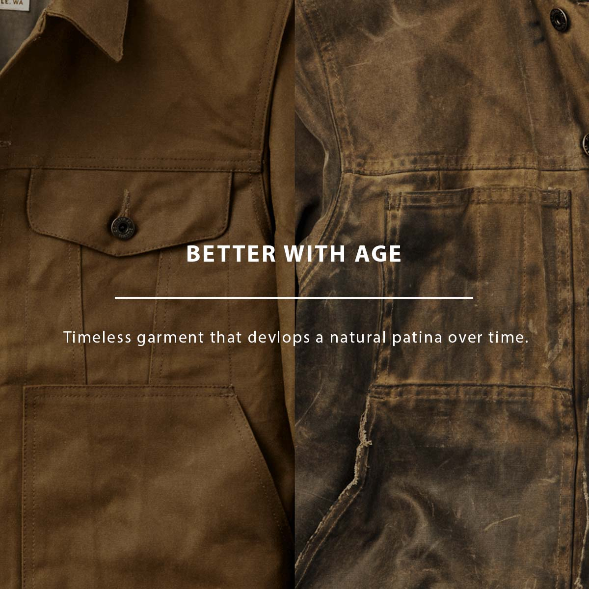 Filson Short Lined Cruiser Jacket Dark Tan, better with age, ein zeitloses Kleidungsstück, das im Laufe der Zeit eine natürliche Patina entwickelt