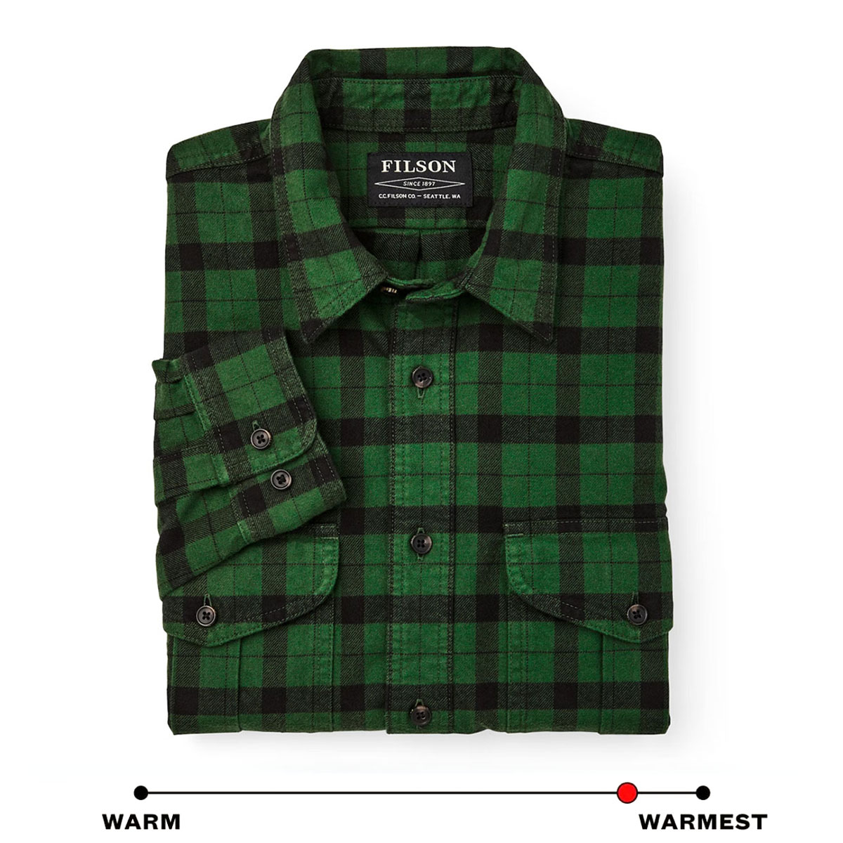 Filson Alaskan Guide Shirt Bottle Green Black, dieses kultige, atmungsaktive Flanellhemd hat einen gefalteten Rücken für mehr Bewegungsfreiheit