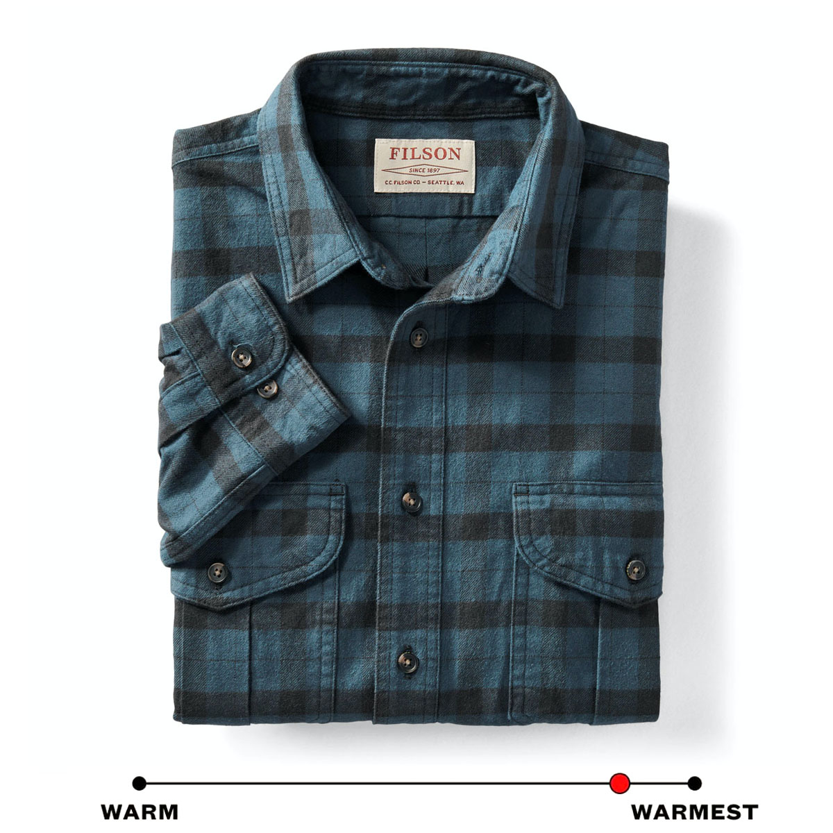 Filson Alaskan Guide Shirt Midnight Black, dieses kultige, atmungsaktive Flanellhemd hat einen gefalteten Rücken für mehr Bewegungsfreiheit