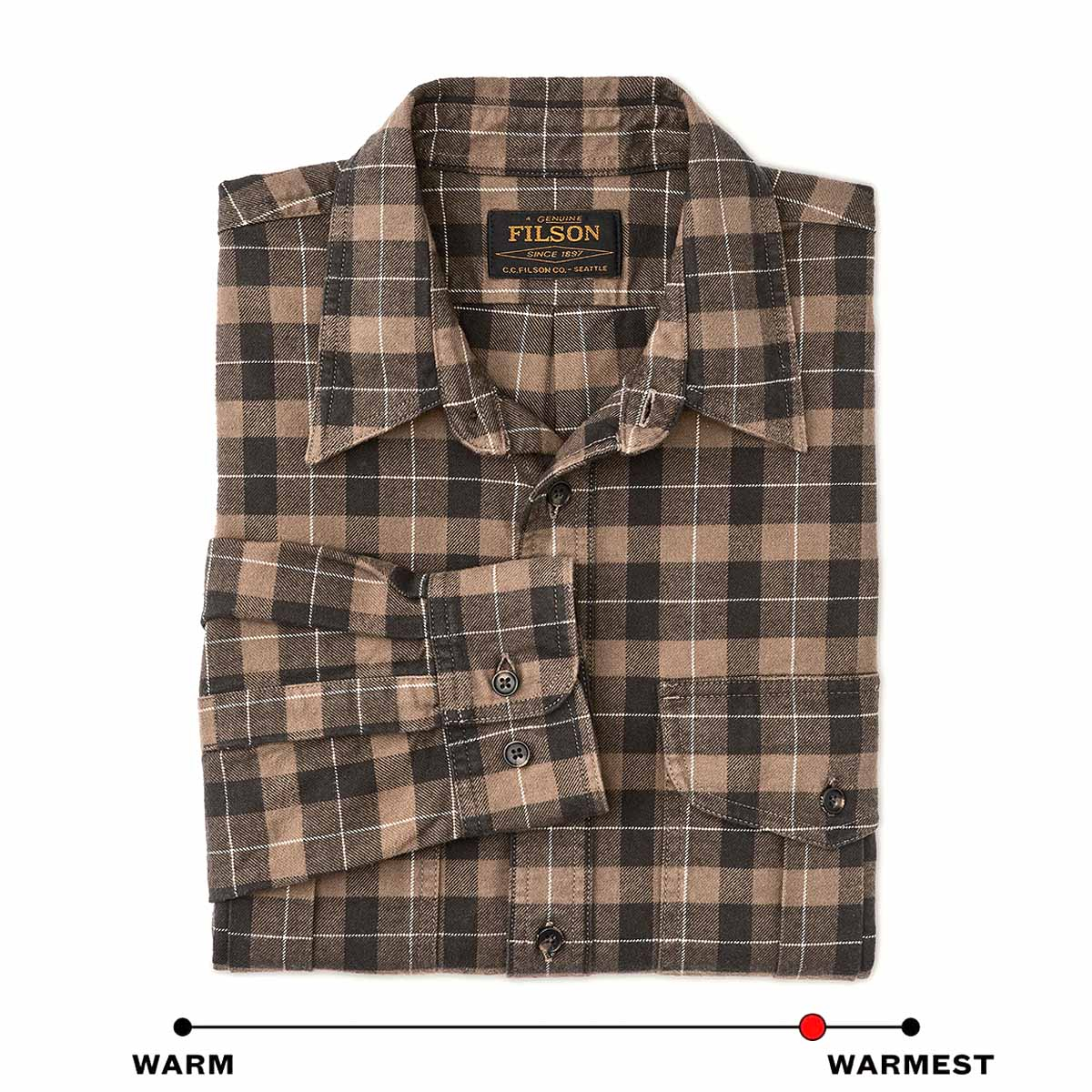 Filson Alaskan Guide Shirt Light Brown/Peat/Multi Plaid, dieses kultige, atmungsaktive Flanellhemd hat einen gefalteten Rücken für mehr Bewegungsfreiheit