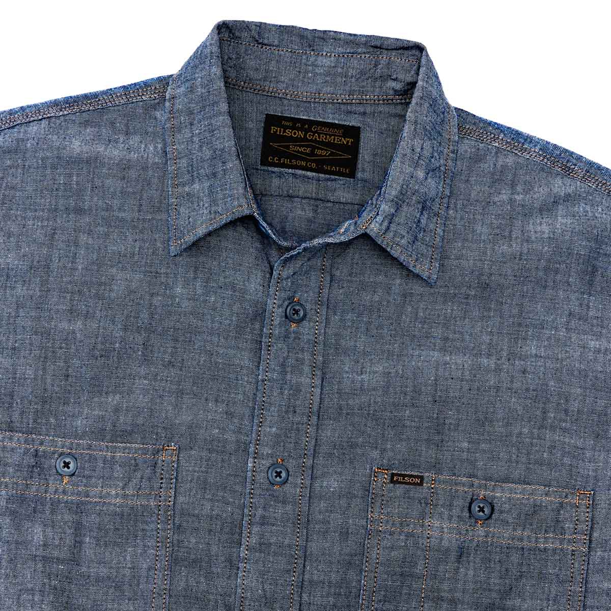 Filson Chambray CPO Shirt Rinsed Indigo Chambray, Detail Filson Chambray CPO Shirt Rinsed Indigo Chambray, Detail