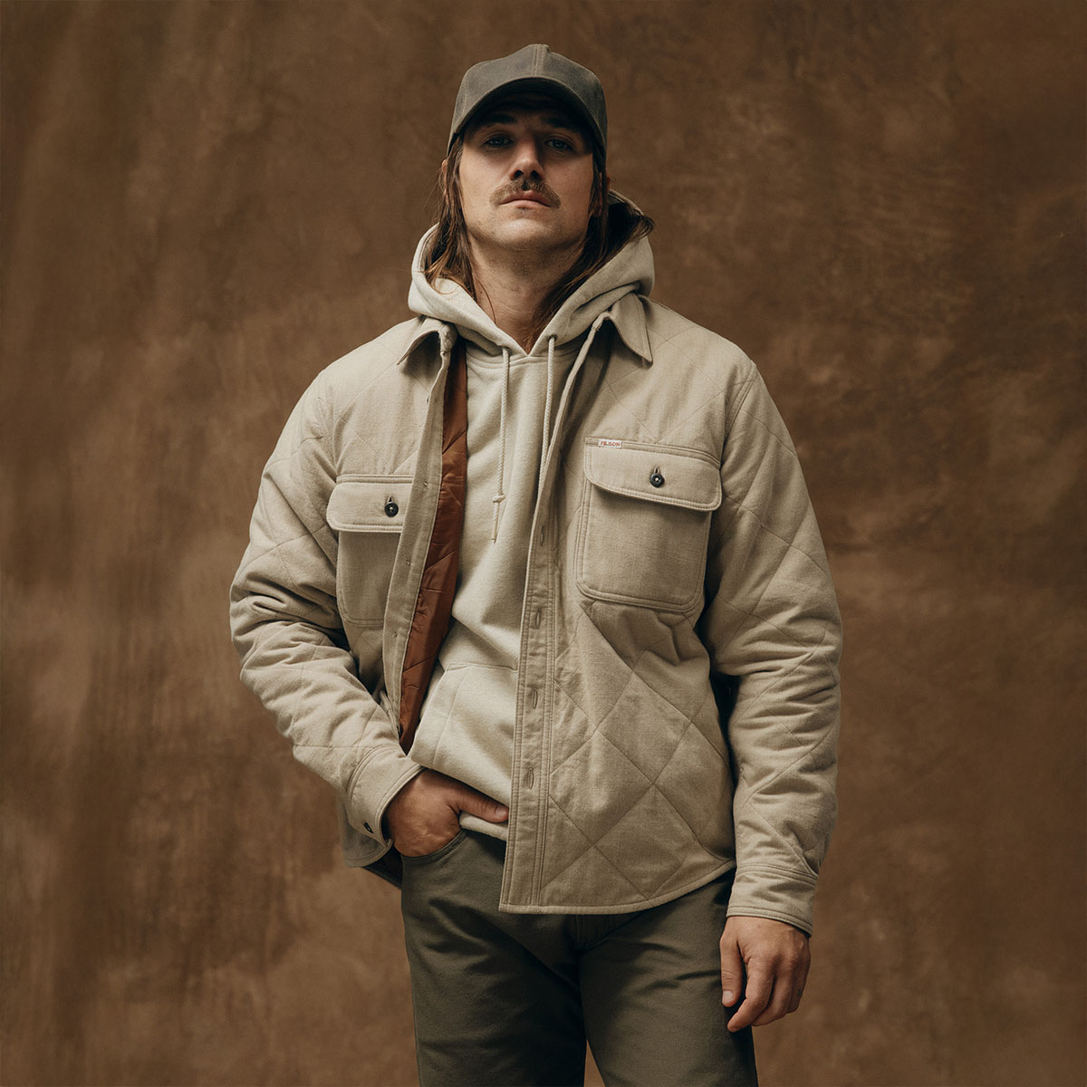 Filson Insulated Flannel Shirt Warm Khaki, wearing front