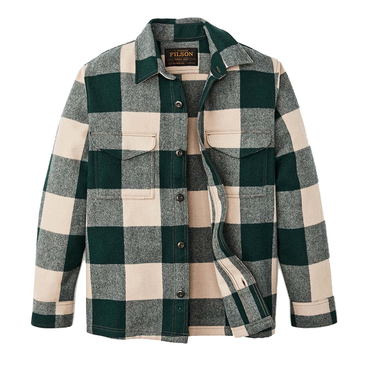 Filson Wool Jac-Shirt Pine/Beige Check, mit klappenbesetzten Brusttaschen mit verdeckten Knöpfen und geradem Saum für ein offenes Outfit
