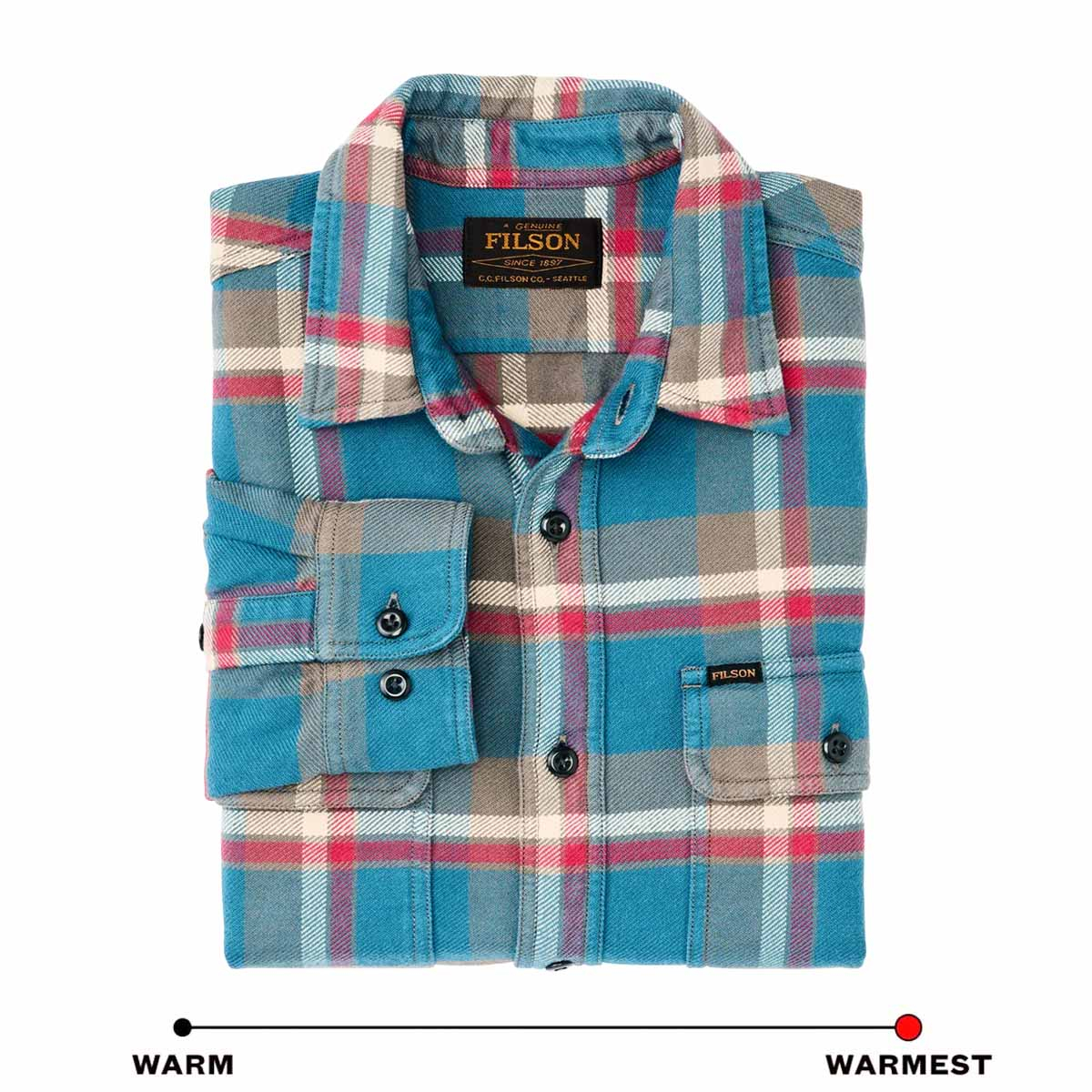 Filson Vintage Flannel Work Shirt Blue/Gray/Multi Plaid, warmes Hemd mit Knopfleiste aus Baumwolle mit weiche Innenseite aus gebürstetem Twill