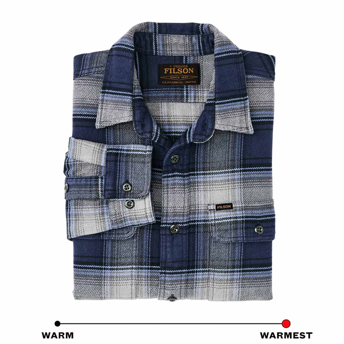 Filson Vintage Flannel Work Shirt Light Blue/Navy Plaid, warmes Hemd mit Knopfleiste aus Baumwolle mit weiche Innenseite aus gebürstetem Twill