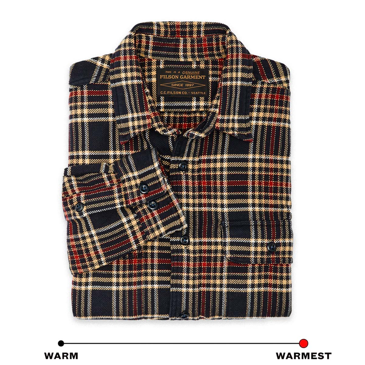 Filson Vintage Flannel Work Shirt Navy Ivory Red, shirt aus dickem und atmungsaktivem Baumwollflanell, ideal für kaltes Wetter