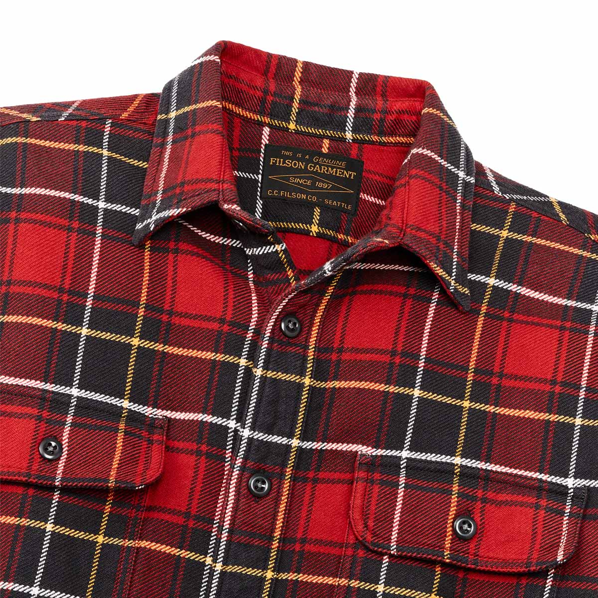 Filson Vintage Flannel Work Shirt Red Charcoal Plaid, Detail