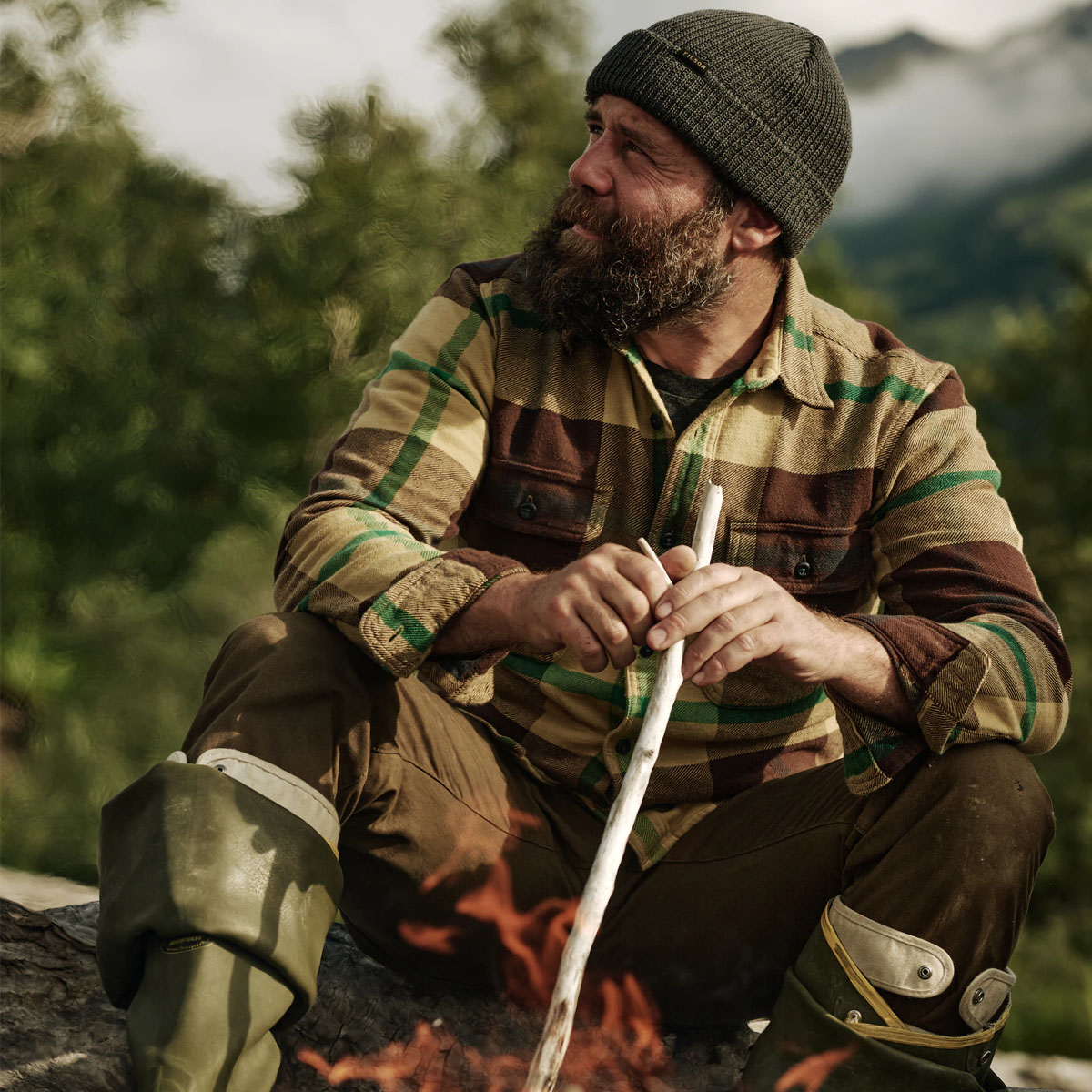 Filson Vintage Flannel Work Shirt Tan Green Coffee, warmes Hemd mit Knopfleiste aus Baumwolle mit weiche Innenseite aus gebürstetem Twill