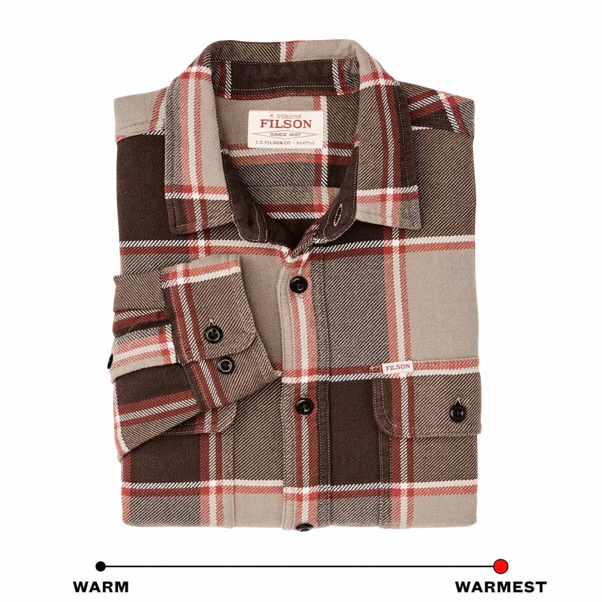 Filson Vintage Flannel Work Shirt Tan/Orange/Multi Plaid, warmes Hemd mit Knopfleiste aus Baumwolle mit weiche Innenseite aus gebürstetem Twill