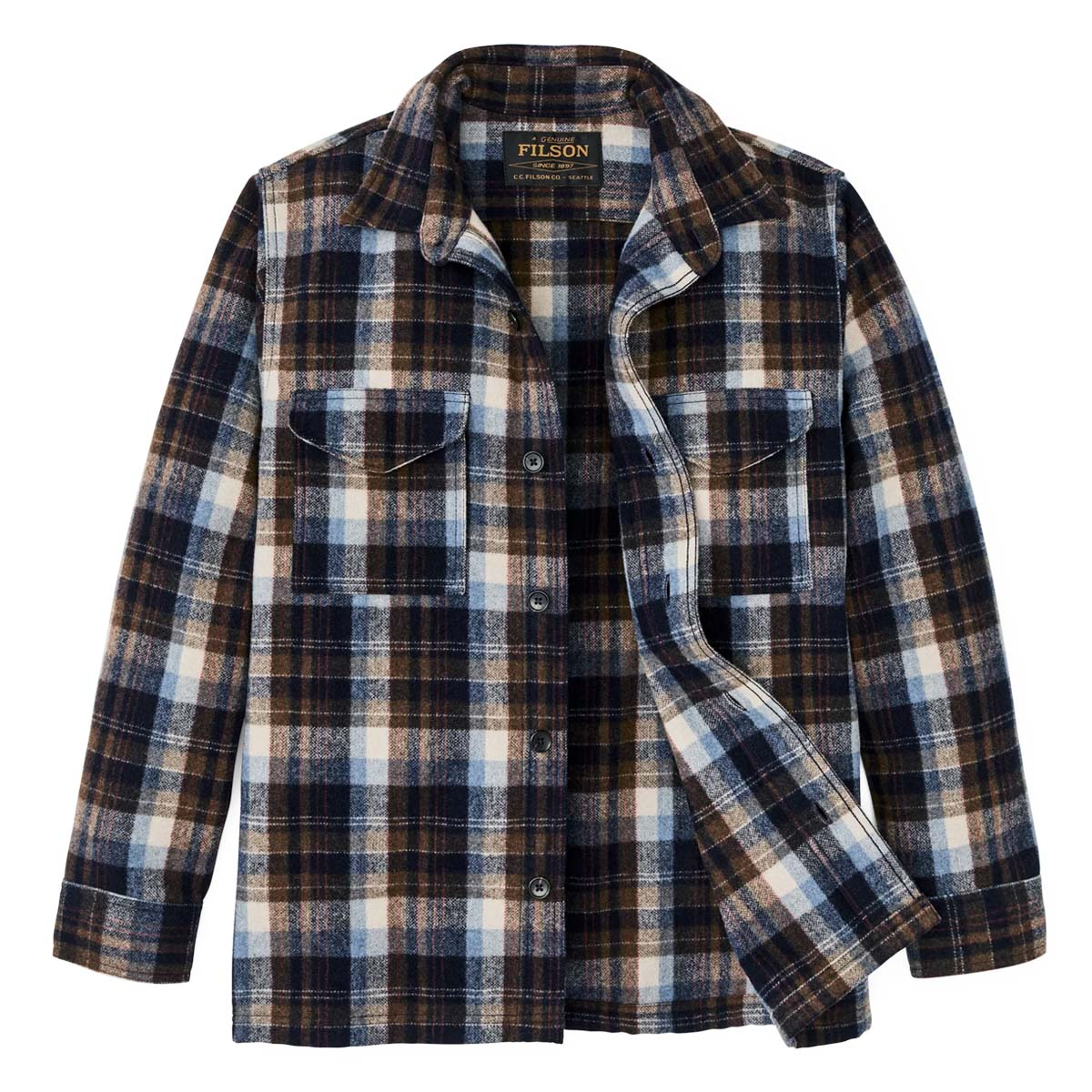 Filson Wool Jac-Shirt Brown/Light Blue Multi Plaid, mit klappenbesetzten Brusttaschen mit verdeckten Kn&ouml;pfen und geradem Saum f&uuml;r ein offenes Outfit