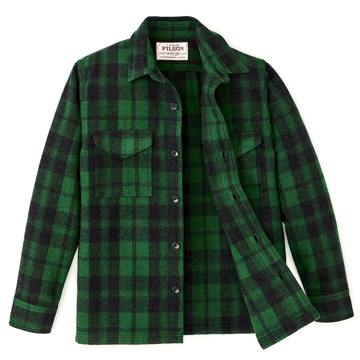Filson Wool Jac-Shirt Green/Black Plaid, mit klappenbesetzten Brusttaschen mit verdeckten Knöpfen und geradem Saum für ein offenes Outfit Filson Wool Jac-Shirt Green/Black Plaid, mit klappenbesetzten Brusttaschen mit verdeckten Knöpfen und geradem Saum für ein offenes Outfit
