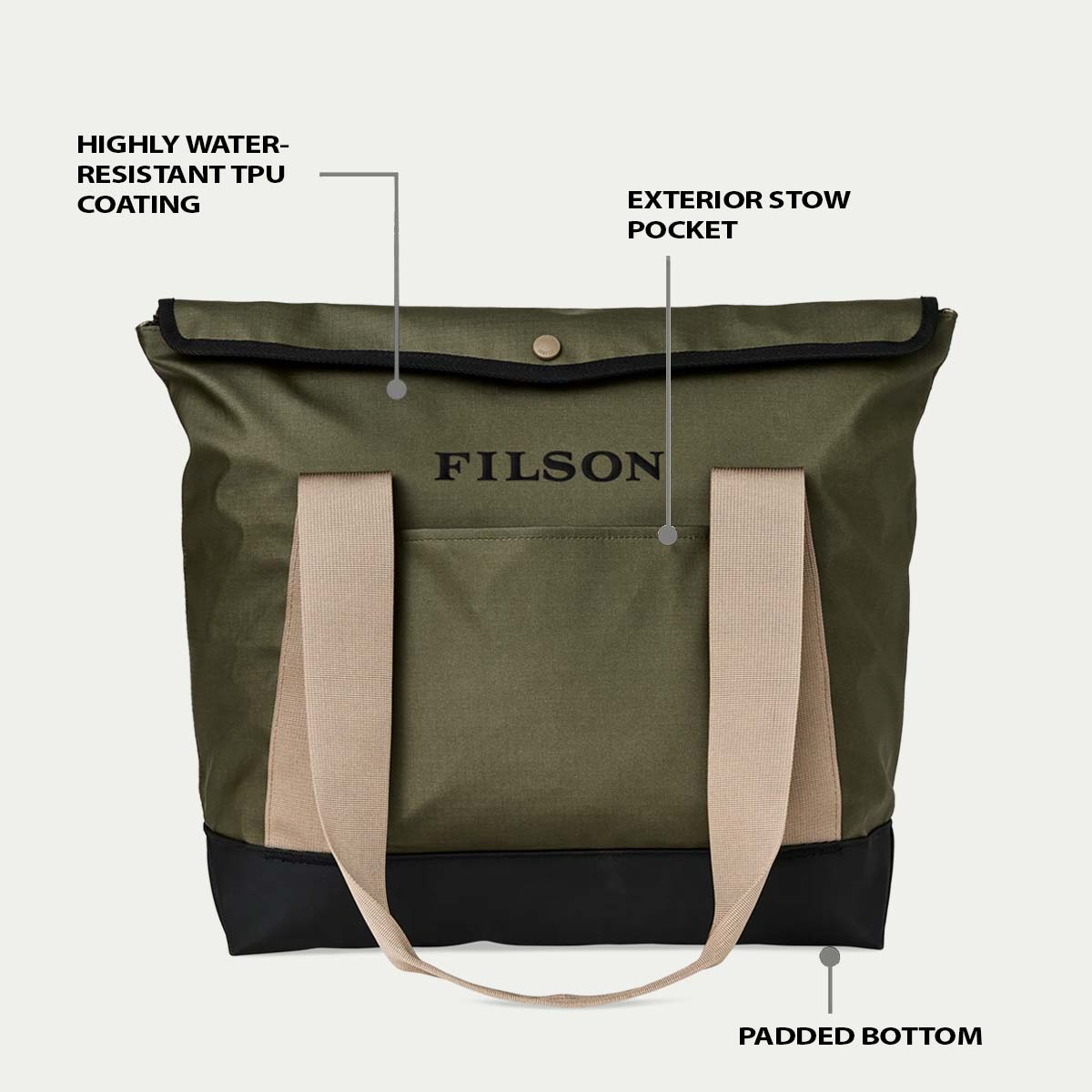 Filson All-Weather Tote Bag Olive/Black/Covert, Features erklärt Vorderseite