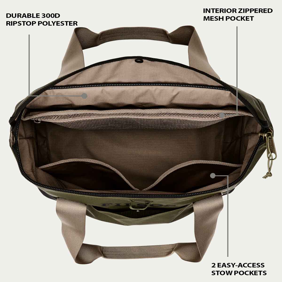 Filson All-Weather Tote Bag Olive/Black/Covert, Features erklärt im Inneren der Tasche