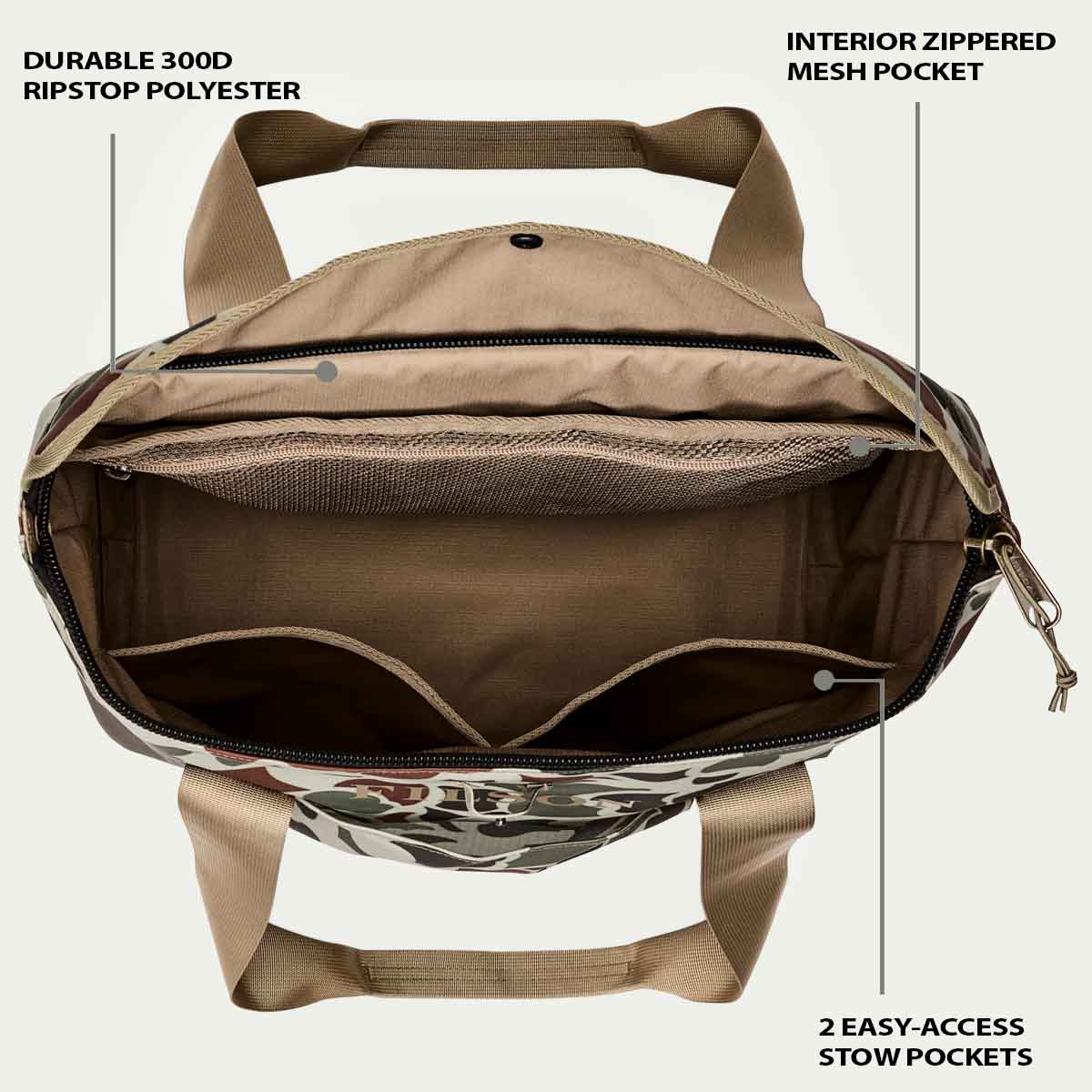Filson Scout Tote Bag Shrub Camo/Canteen/Covert, Features erklärt im Inneren der Tasche