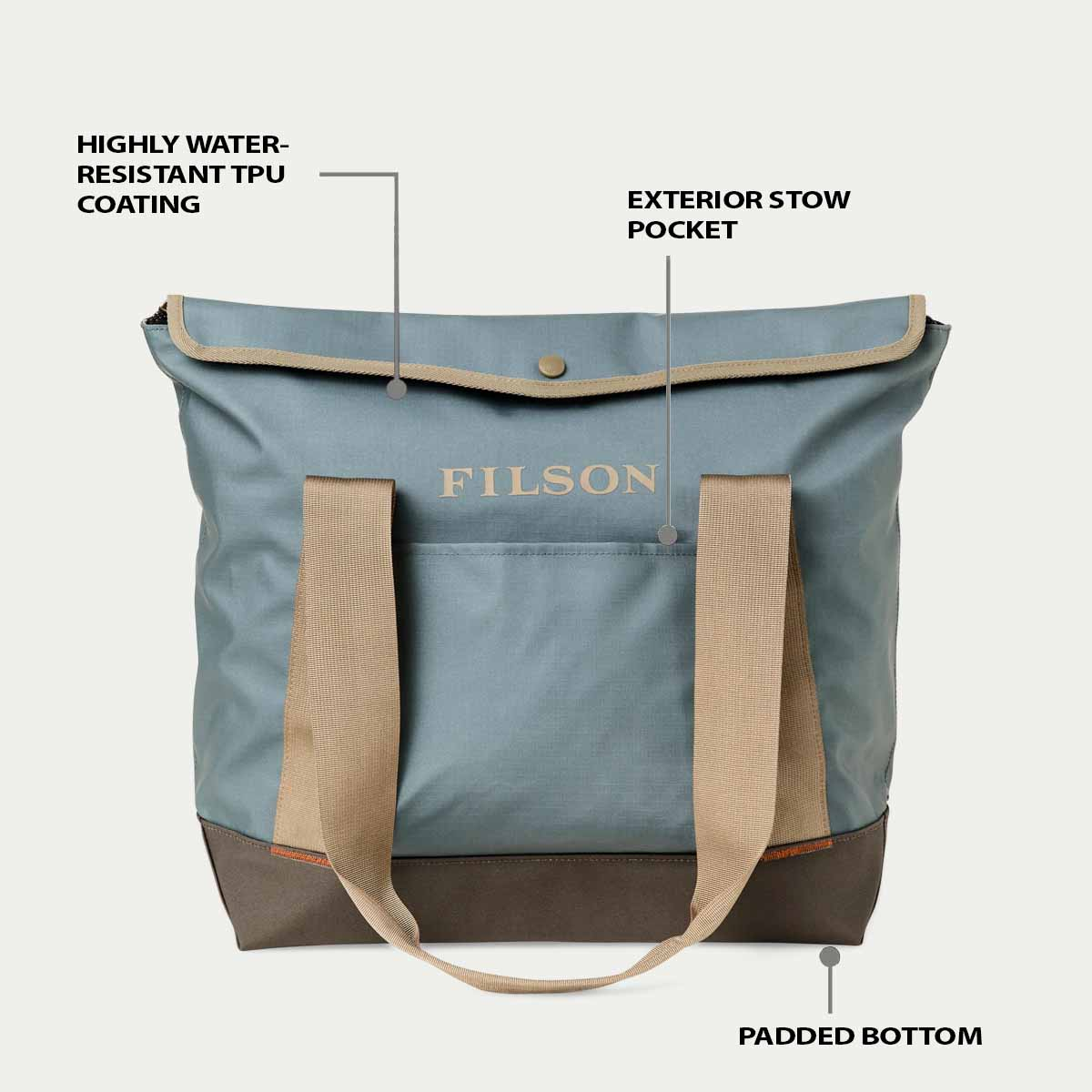 Filson All-Weather Tote Bag Slate/Canteen/Covert, Features erklärt Vorderseite
