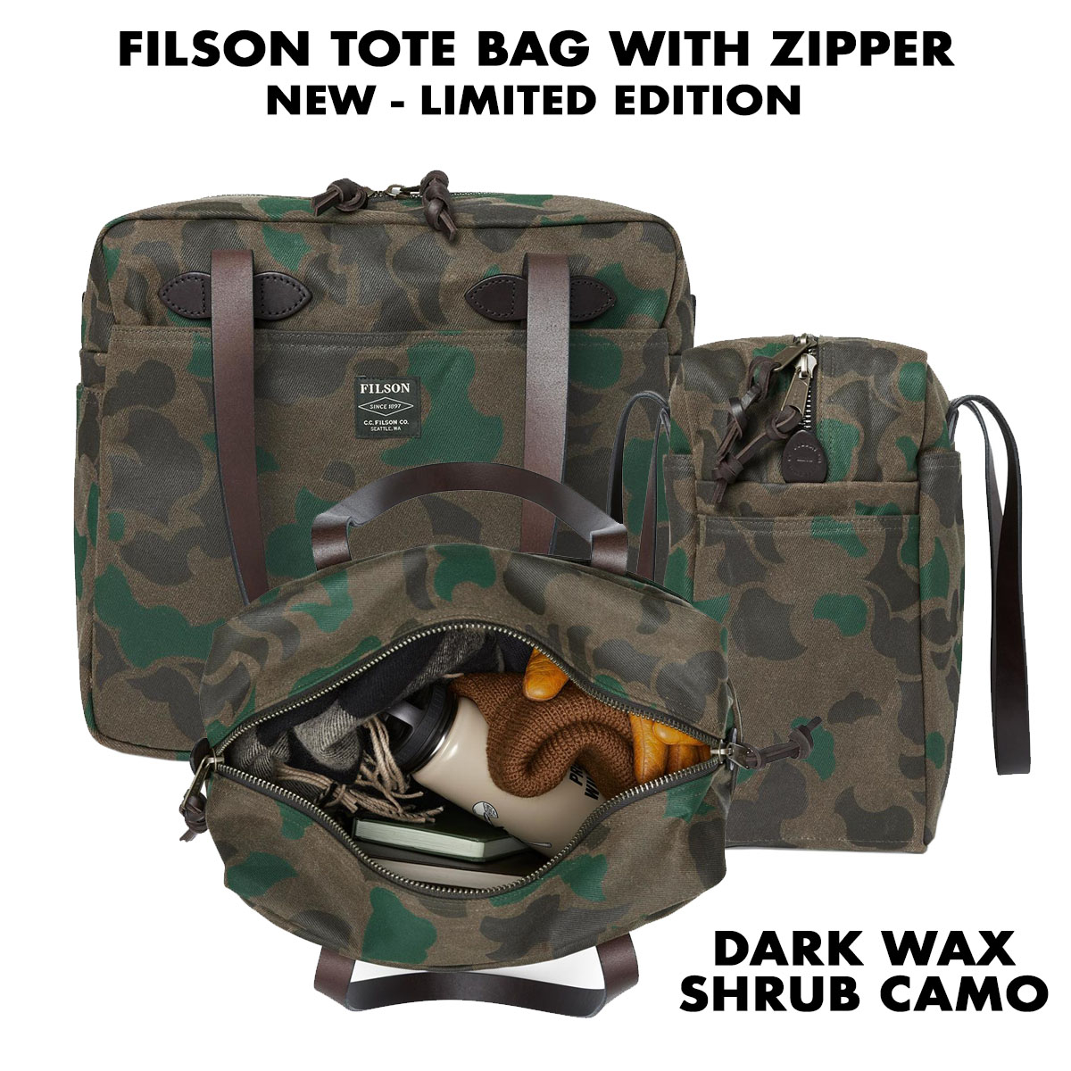 Filson Waxed Rugged Twill Tote Bag Zipper 20226931-Dark Wax Shrub Camo, eine robuste, vom Vintage-Stil inspirierte Tragetasche