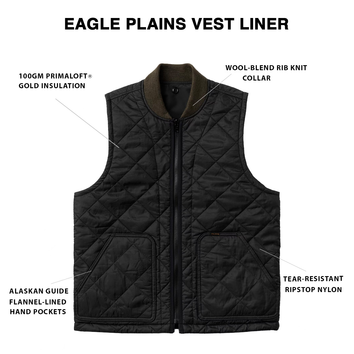 Filson Eagle Plains Vest Liner Charcoal, mit Cordura® Ripstop nylon und 100gm PrimaLoft® Gold insulation