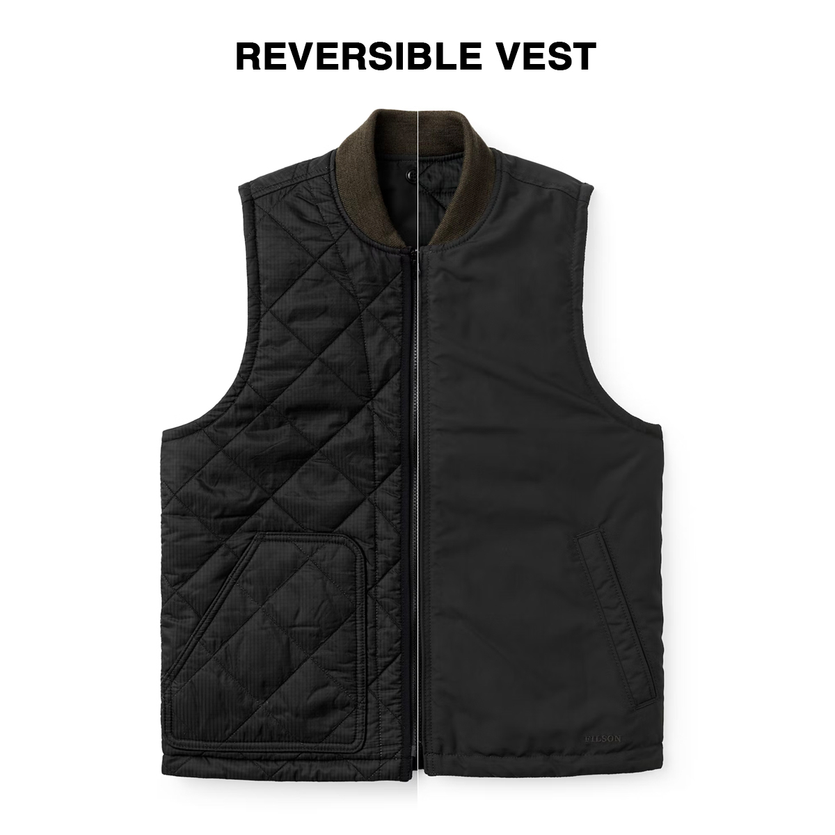 Filson Eagle Plains Vest Liner Charcoal, vollständig beidseitig verwendbar und bietet Handeinschubtaschen, egal auf welcher Seite sie sich befindet