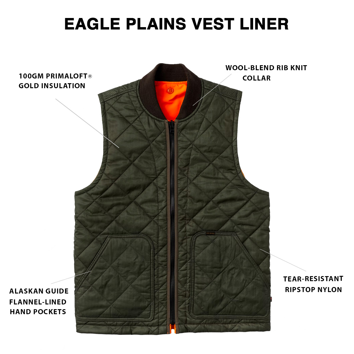 Filson Eagle Plains Vest Liner Surplus Green Blaze, mit Cordura® Ripstop nylon und 100gm PrimaLoft® Gold insulation