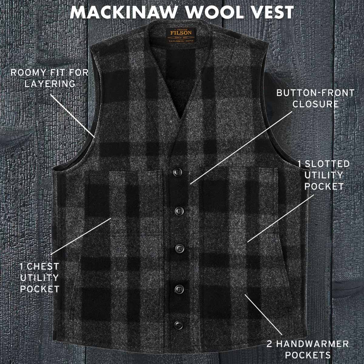 Filson Mackinaw Wool Vest Charcoal/Black /Heritage Plaid, features. Filson Mackinaw Wool Vest Charcoal/Black /Heritage Plaid, features.