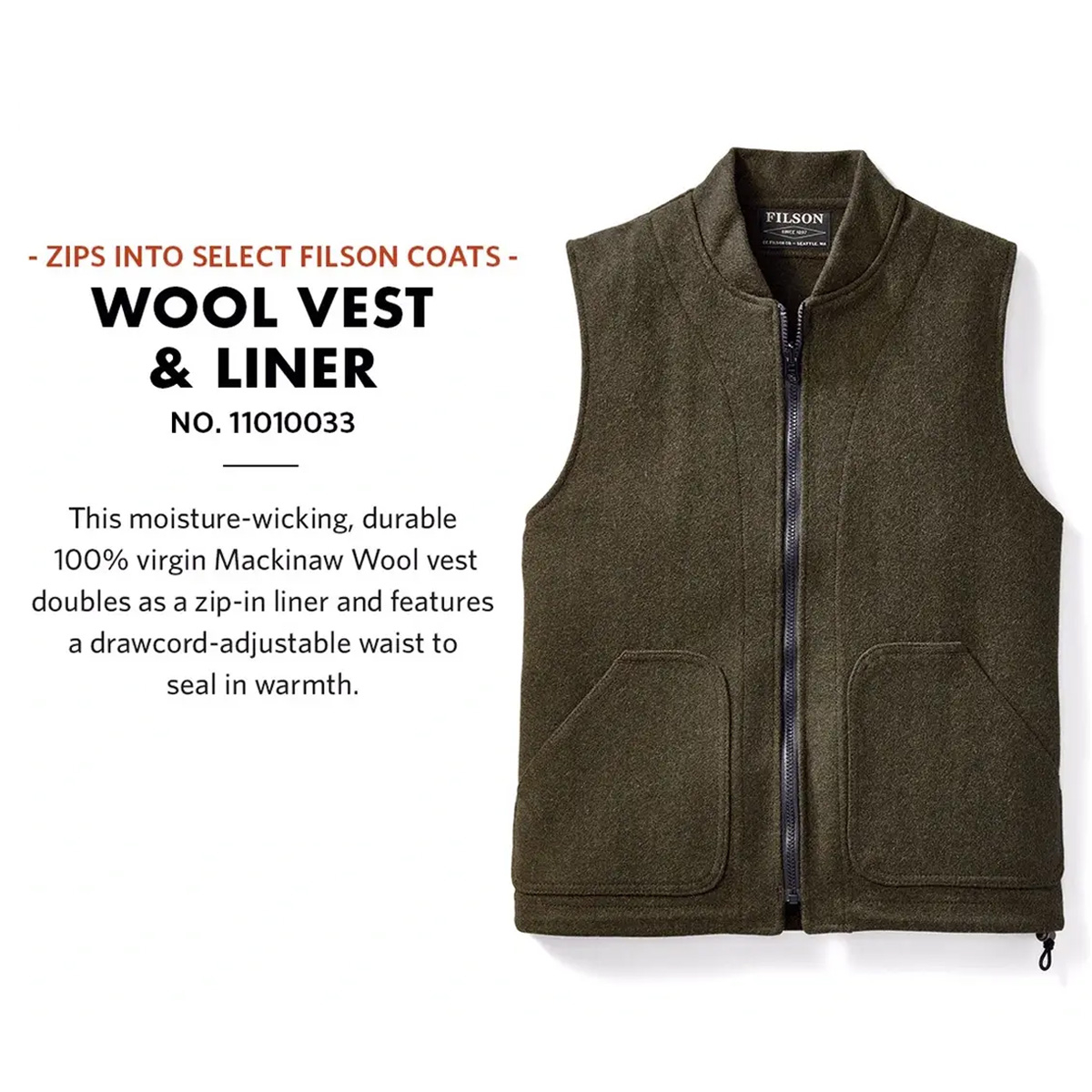 Filson Mackinaw Wool Vest Liner Forest Green, Klassische Wollweste aus 100% reiner Mackinaw-Wolle