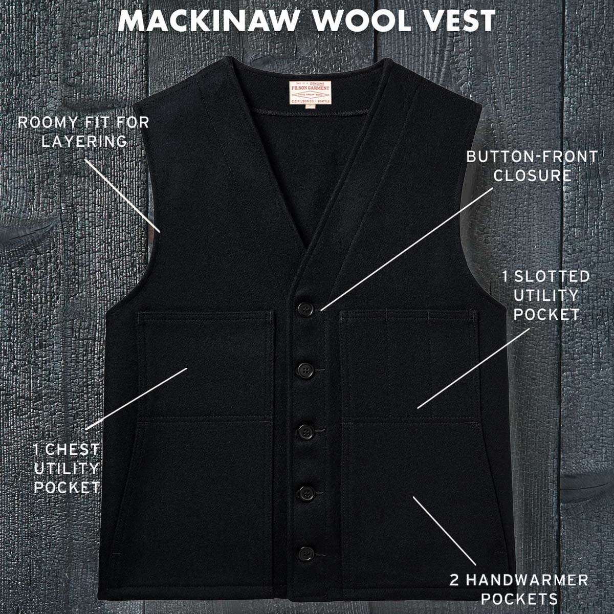 Filson Mackinaw Wool Vest Navy, Eigenschaften.