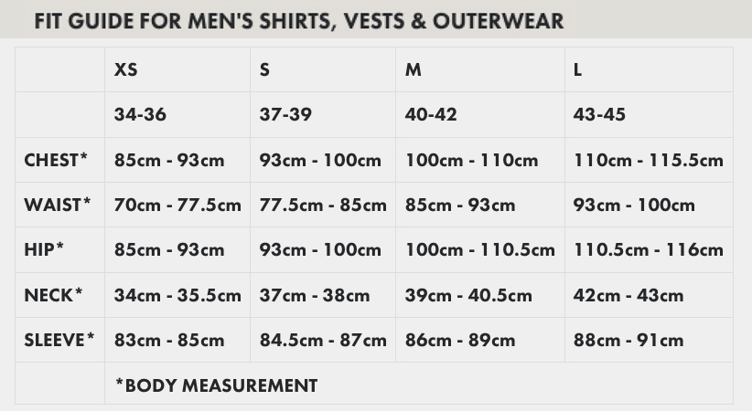 Filson Passformguide XS-L in cm