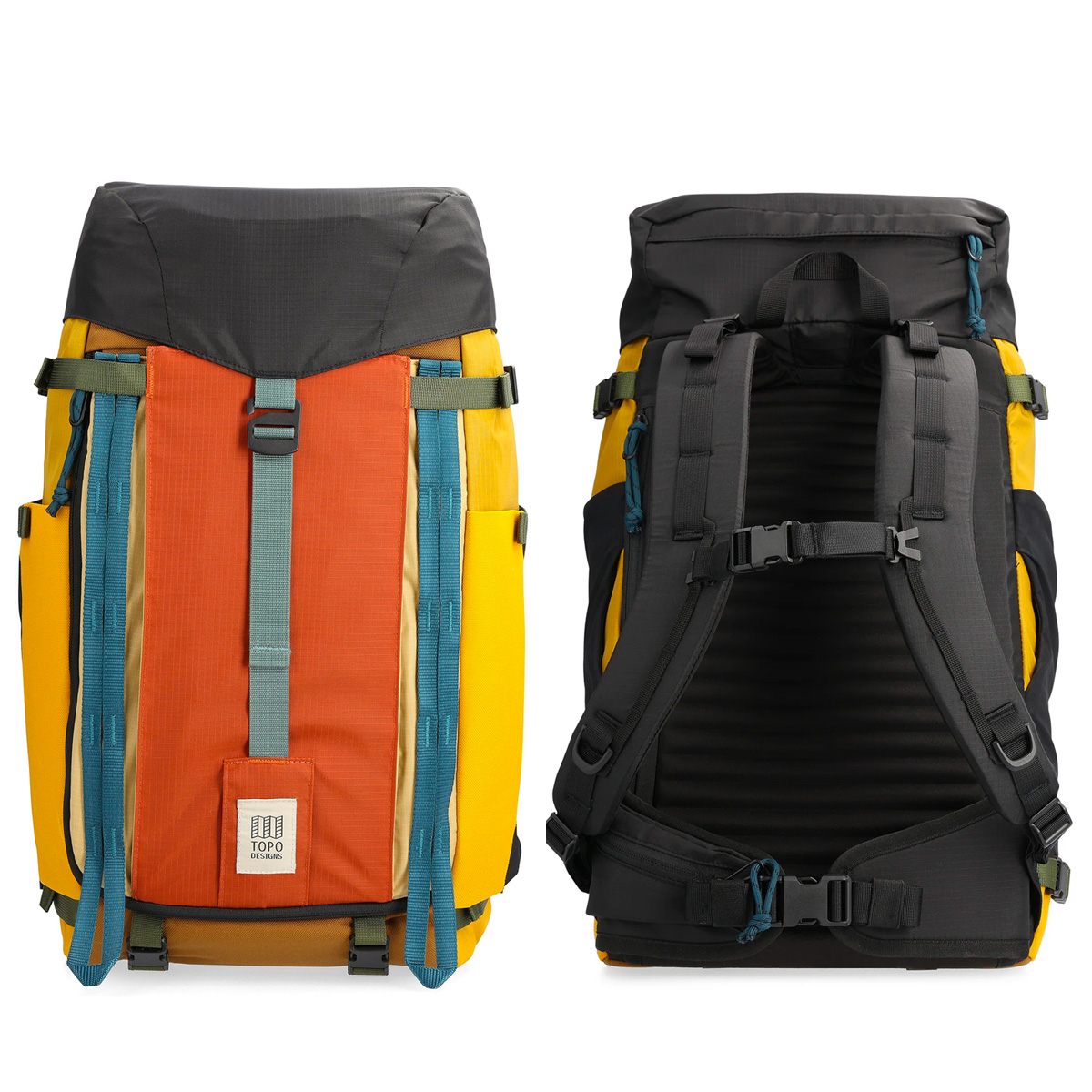 Topo Designs Mountain Pack 28L Mustard/Black, front and back