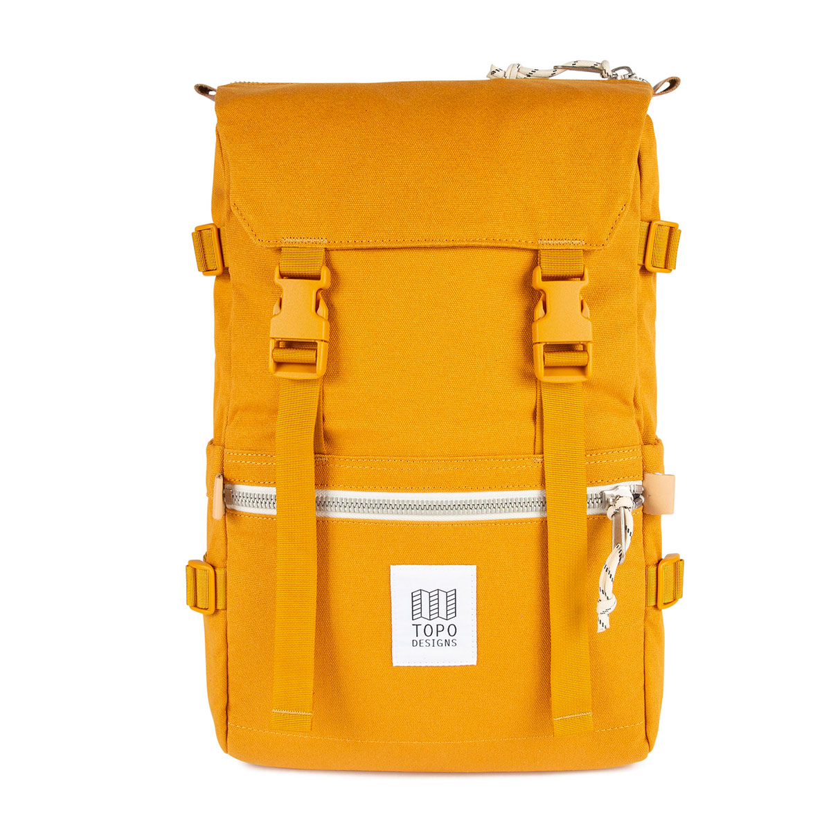 Topo Designs Rover Pack Canvas Mustard, vereint bergsteigerische Robustheit mit urbaner Eleganz.