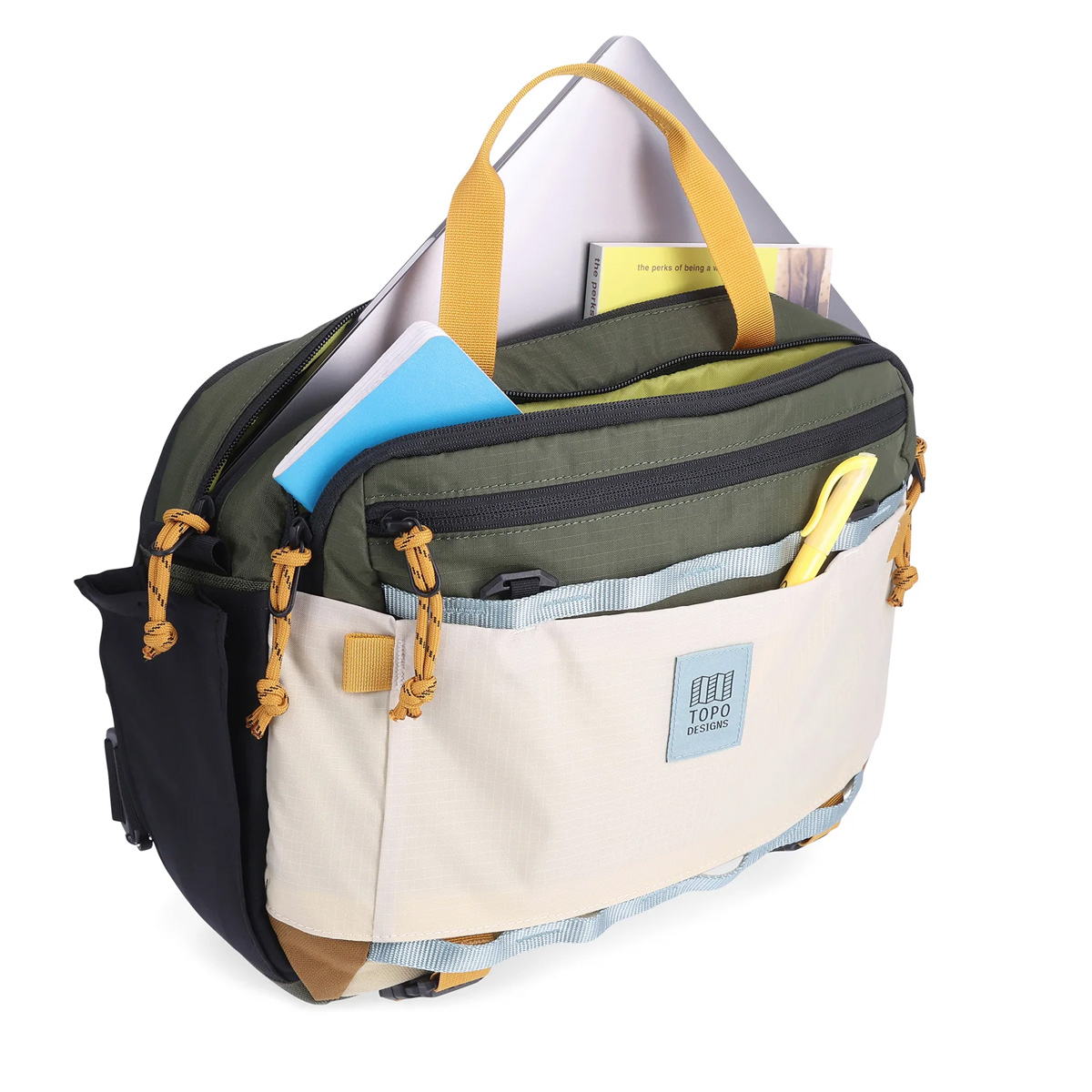 Topo Designs Mountain Cross Bag Bone White/Olive, ideale Slingtasche im Messenger-Stil für den täglichen Gebrauch und vieles mehr
